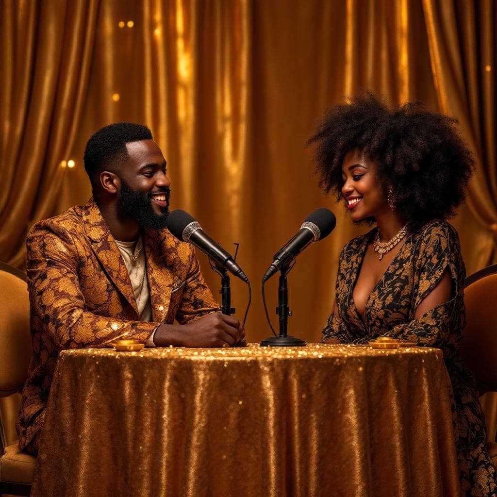 AI generated: A very lavish 2 person podcast set up one black  male and a black fAfrican female on the  same table...