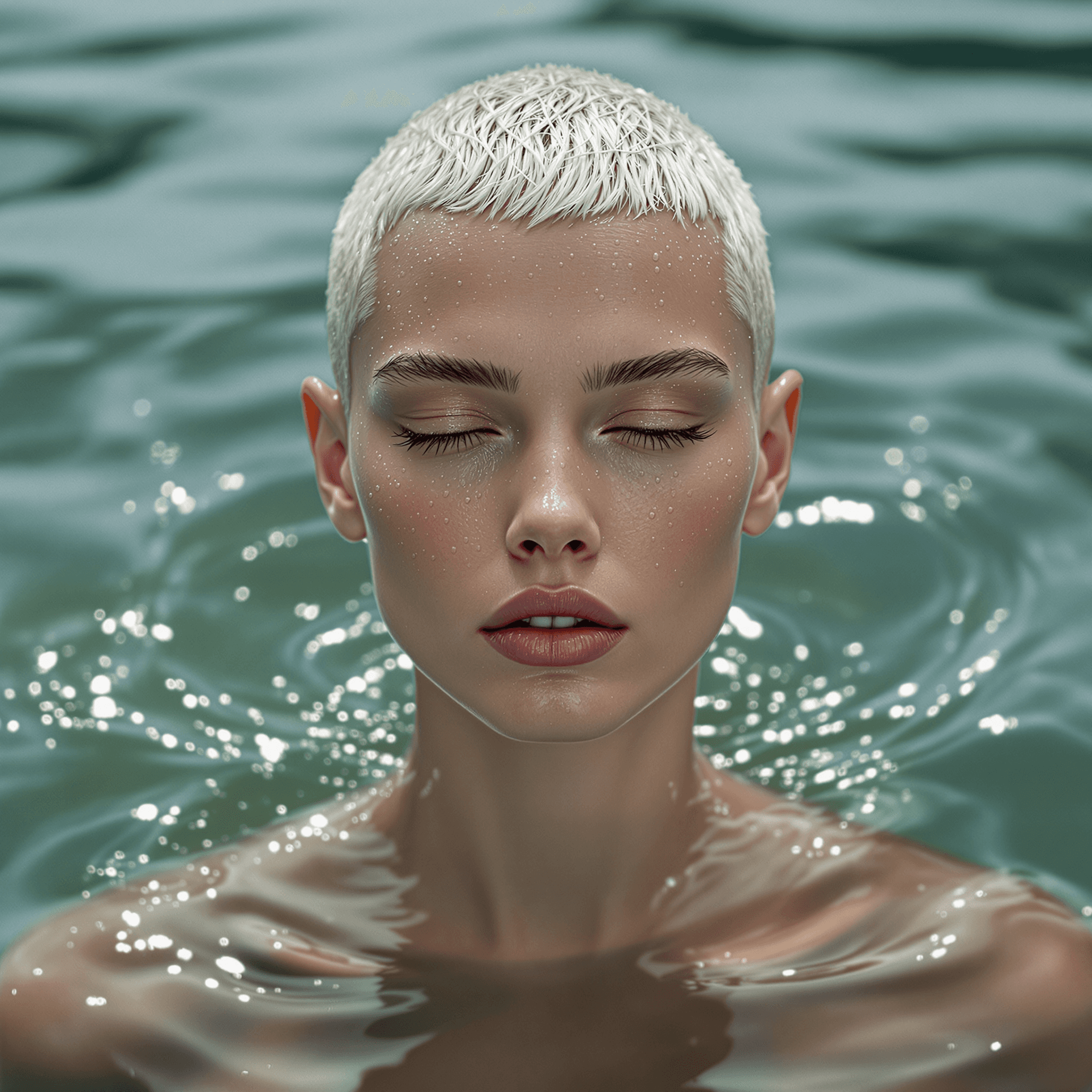 AI generated: A high-resolution photo of a graceful young and slender woman with a white buzz-cut hair, her head o...