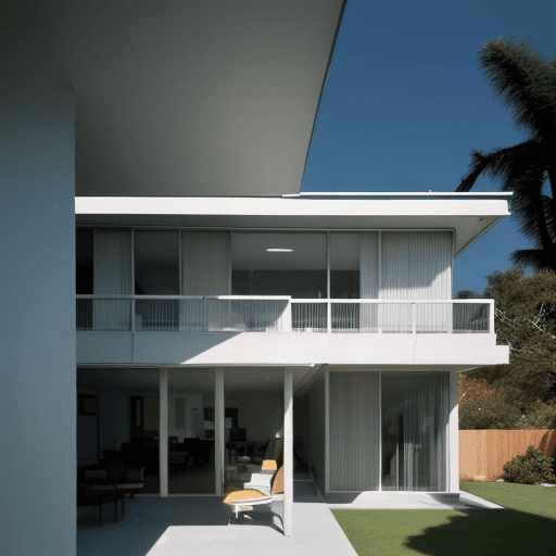 AI generated: Hyper realistic eye level exterior photo of a mid century modern style house overlooking the ocean, ...