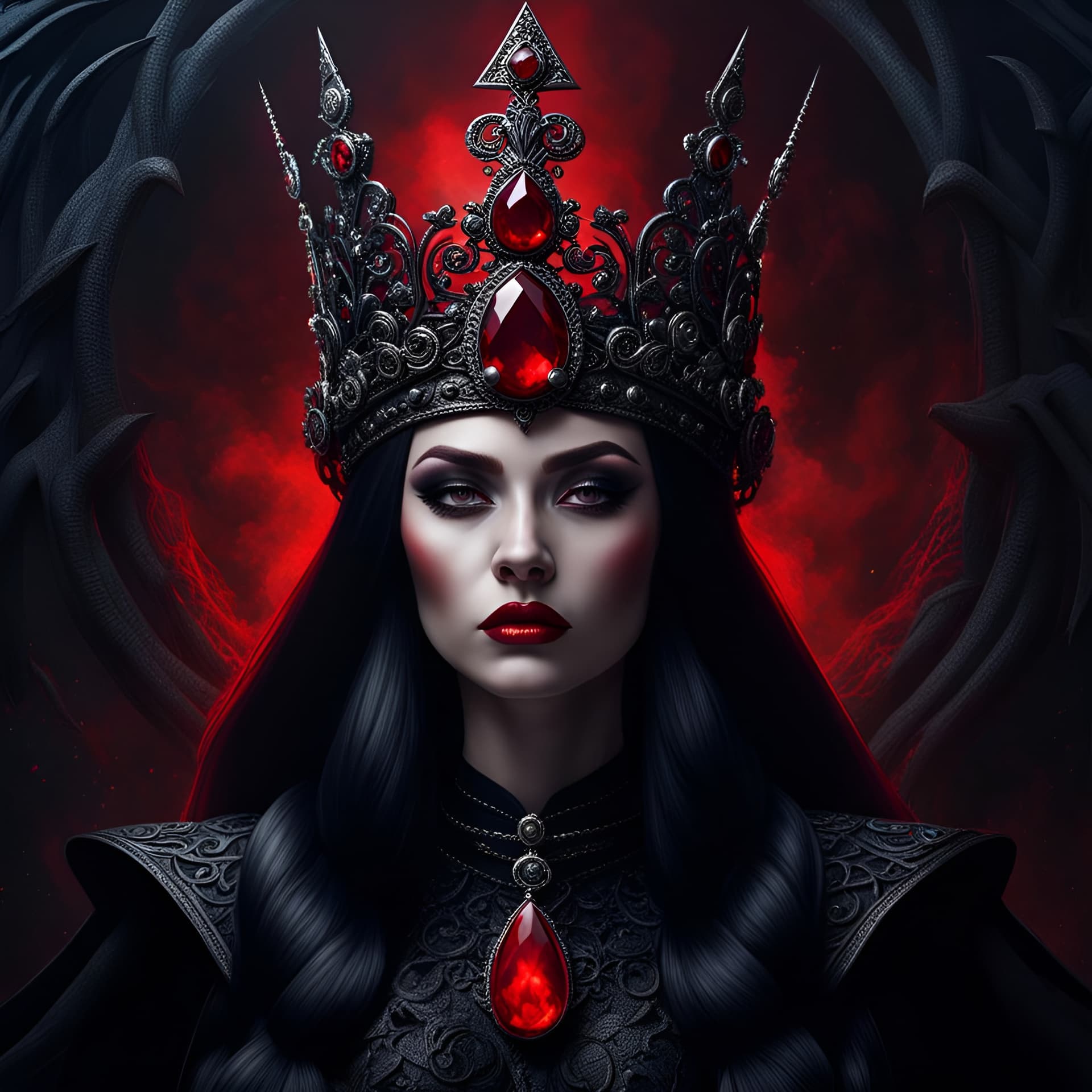 AI generated: a gothic queen witch with a crown embedded with red diamonds, frown, glaring at viewer, highly detai...