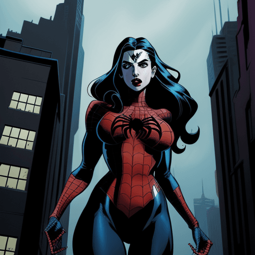 AI generated: An urban landscape with vampire woman comic book character, such as Spider-Man, Wonder Woman, and th...