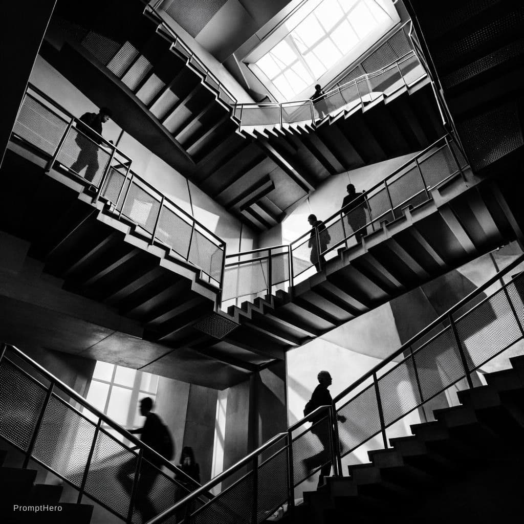 AI generated: geometric and architectural, vertical, black and white photography, looking up through a multi-level...