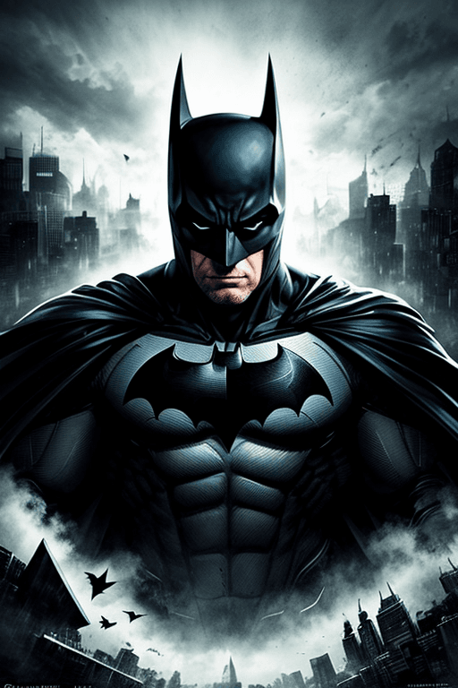 AI generated: a powerful and iconic portrait of Batman, with a brooding expression and his cape billowing dramatic...