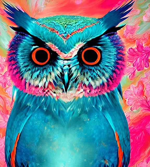 AI generated:  Super High resolution An illustration of a teal, orange and pink  owl with bright blue eyes in the ...