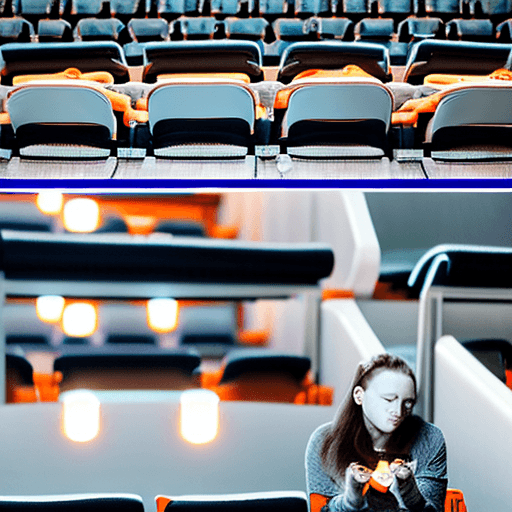 AI generated: photography, vast emptiness of a movie theater serves as the backdrop for a moment of carefree repos...