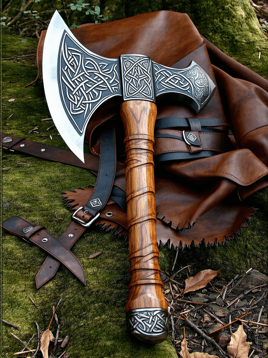 AI generated: A wooden handled double-edged axe with ornate Celtic style designs and markings, designed for combat...
