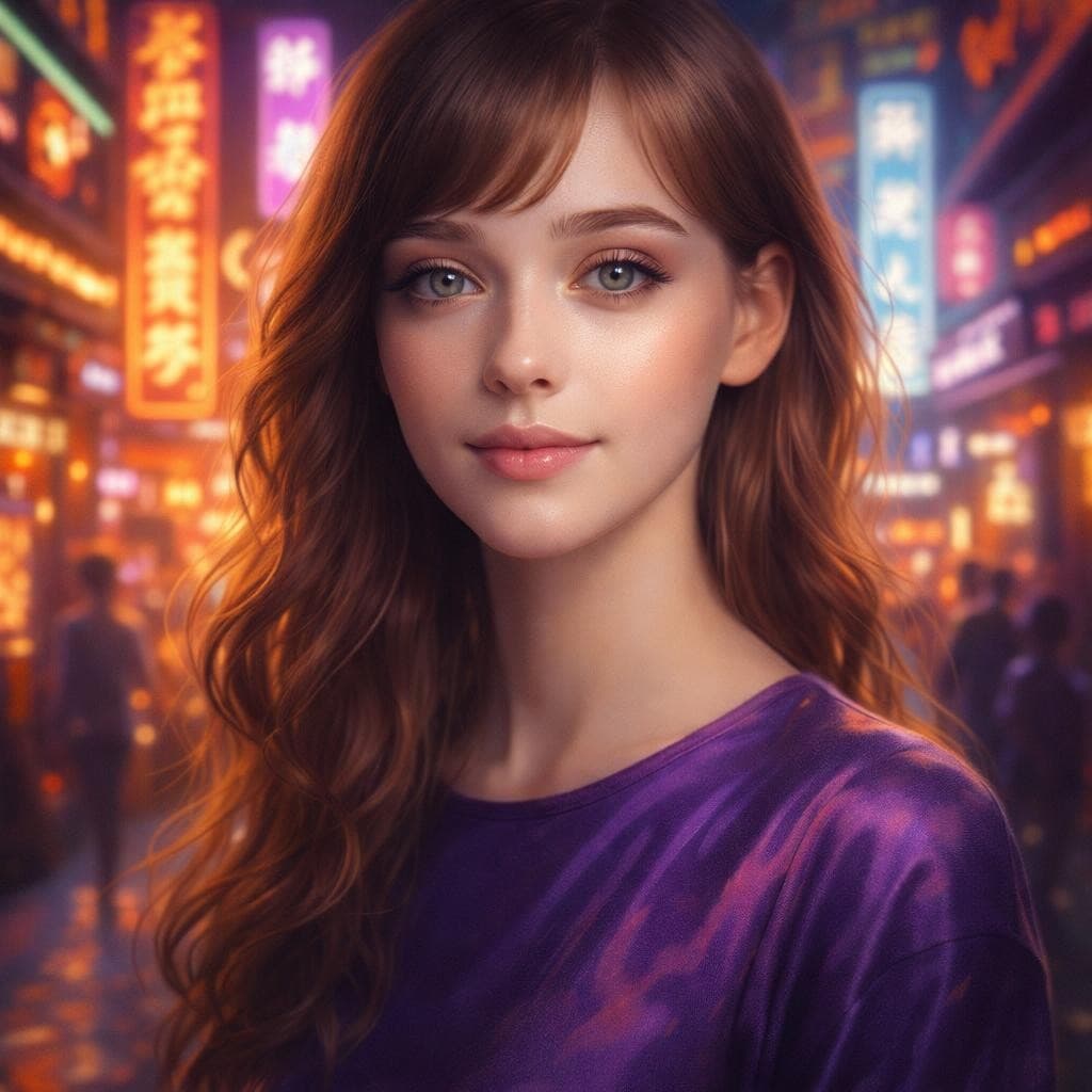 AI generated: a girl in a purple top in a neon city, in the style of chinapunk, iconic album covers, soft-focus po...