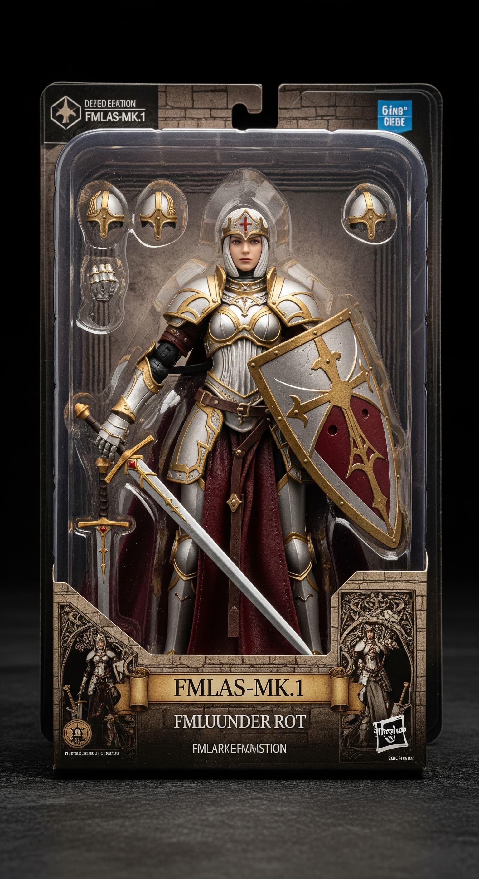 AI generated: 3D render of a highly detailed action figure of a knightly priestess in pearl-toned ceremonial armor...