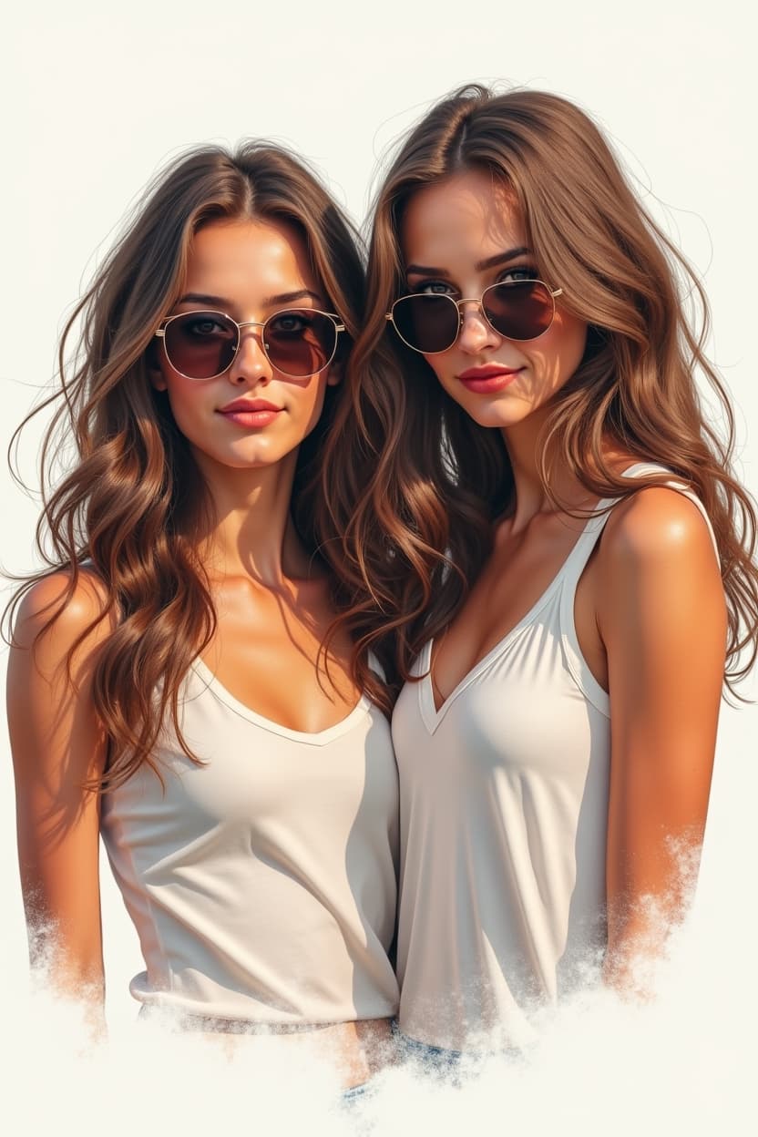 AI generated: This is a digital drawing in a detailed, realistic style. It features two young women with long, wav...