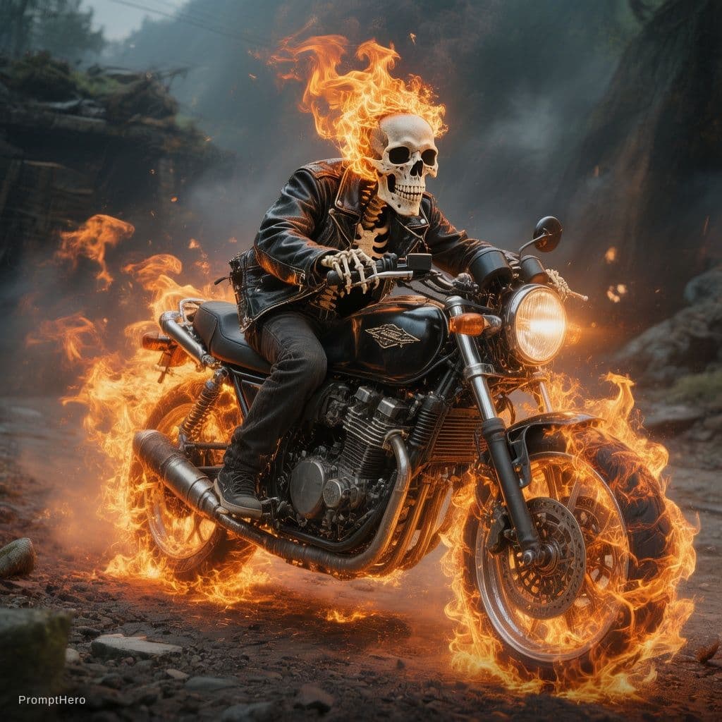 AI generated: un esqueleto con el craneo envuelto en llamas usando una chaqueta de cuero negra montado en una moto...