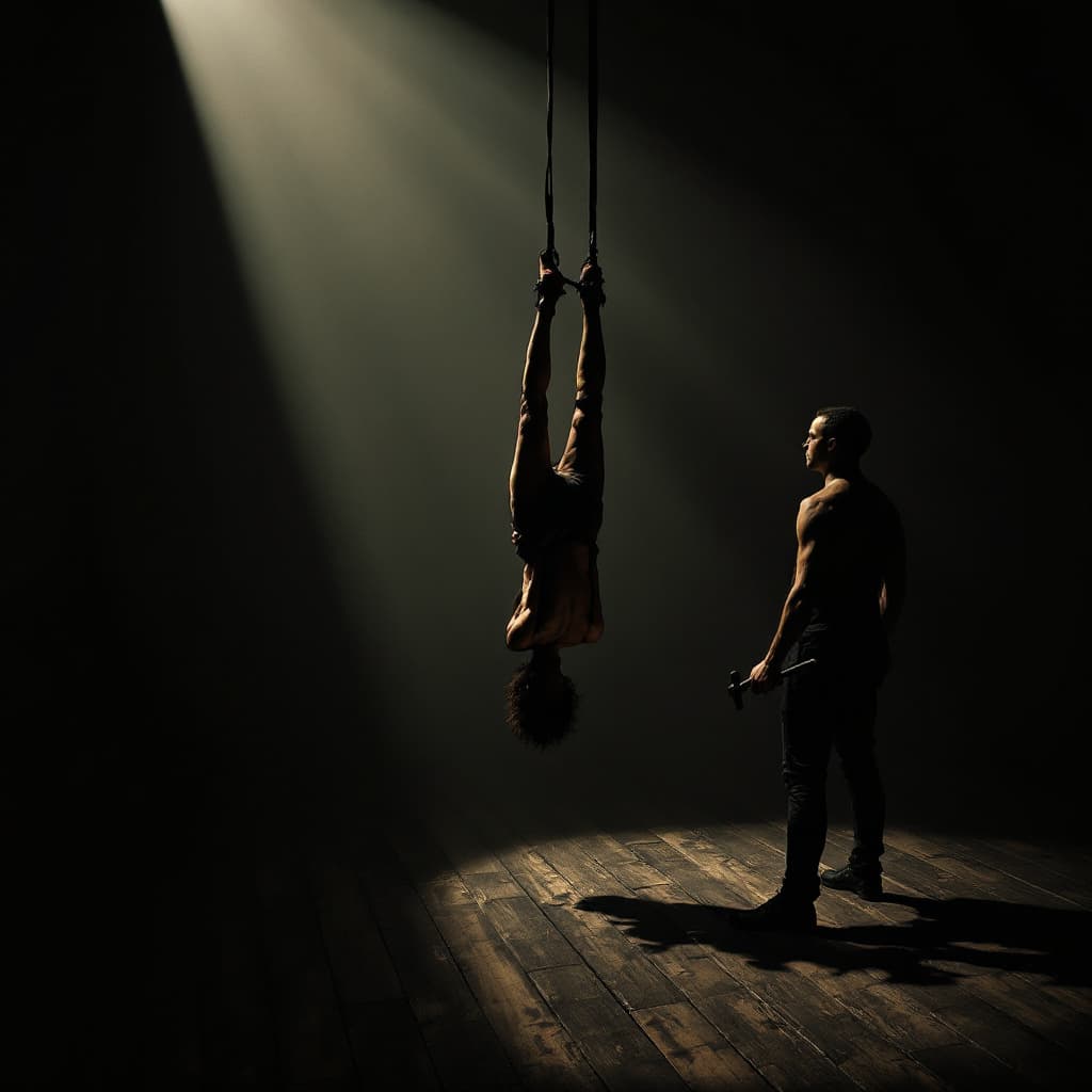 AI generated: A dimly lit room creates an intense atmosphere. A figure is suspended with hands tied, exuding a mix...