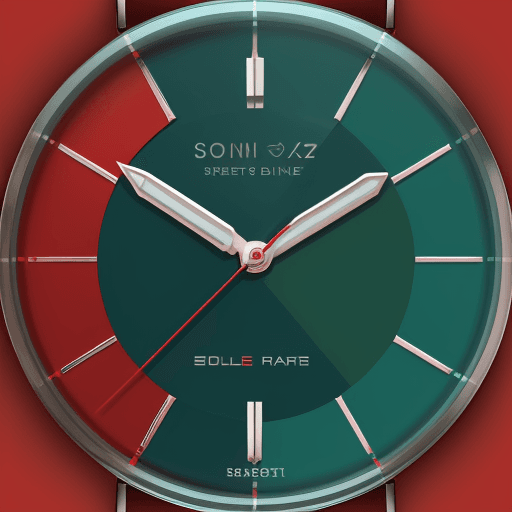 AI generated: Single wristwatch, lying flat from left to right, with a green band, blue bezel, red dial; watch is ...