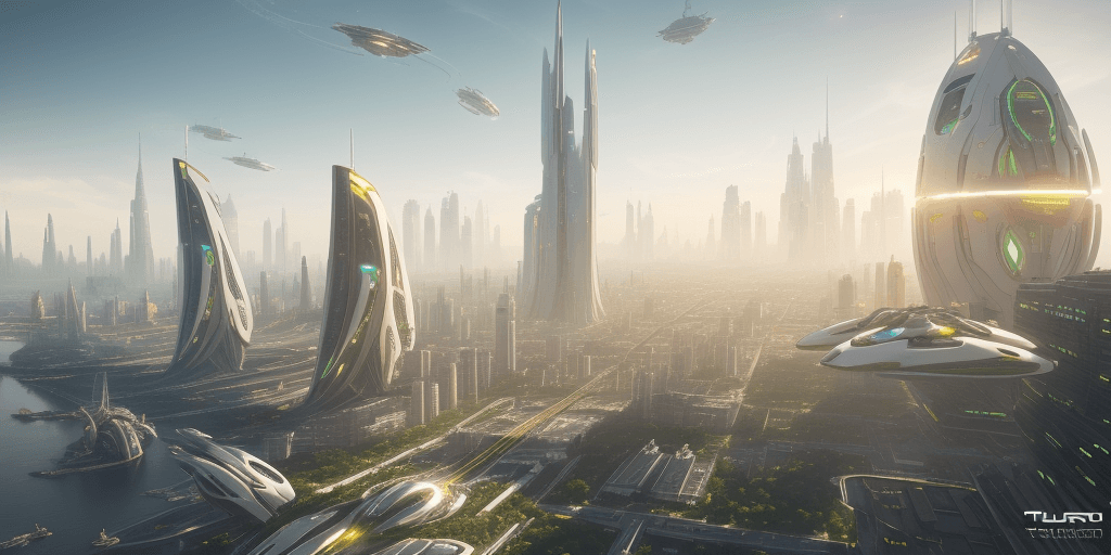 AI generated: futuristic utopian city, central hub, white buildings, golden sunset, space ships, green trees, larg...