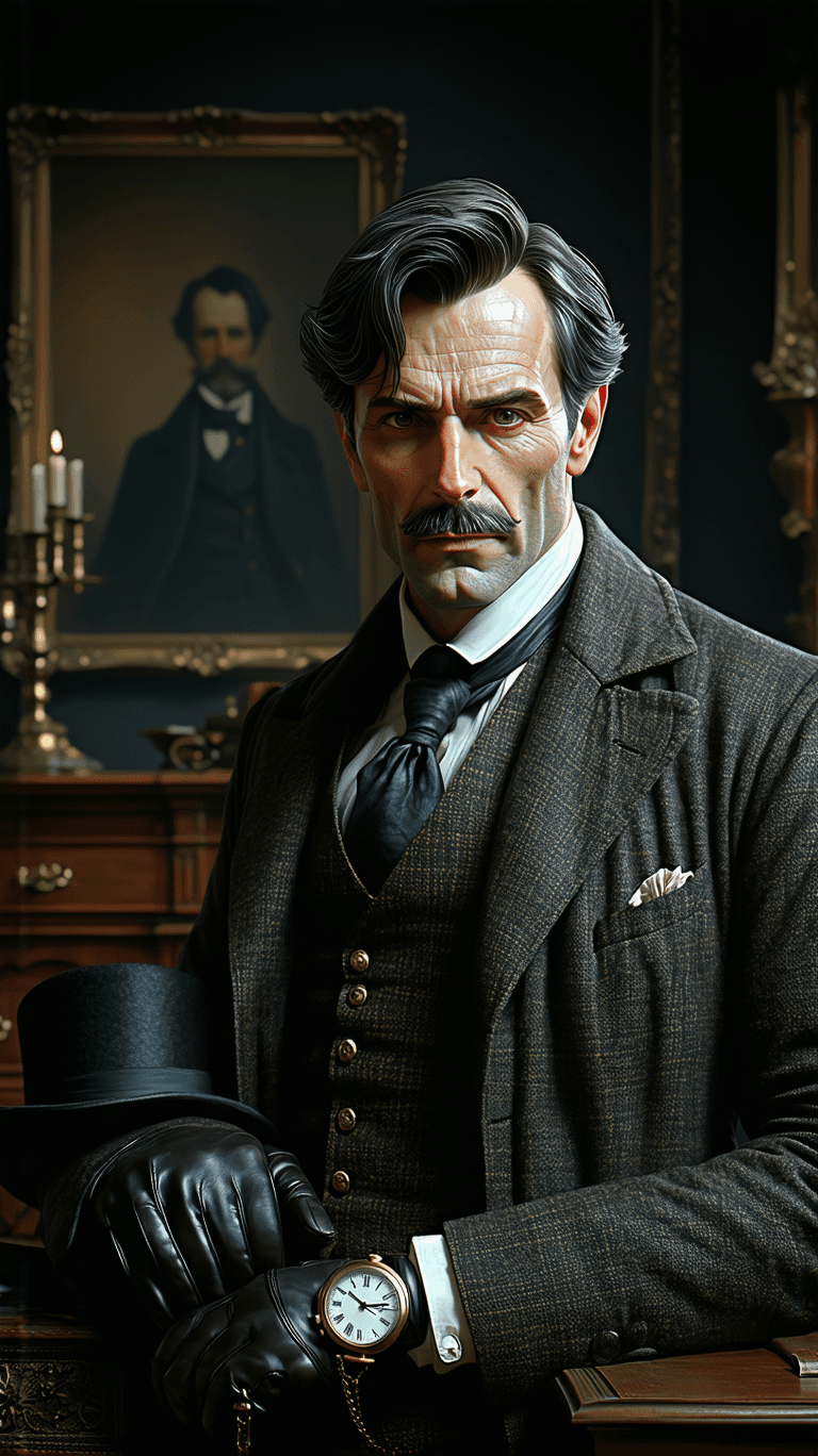 AI generated: Create a highly detailed and realistic 3D avatar of a middle-aged Victorian-era police inspector sat...