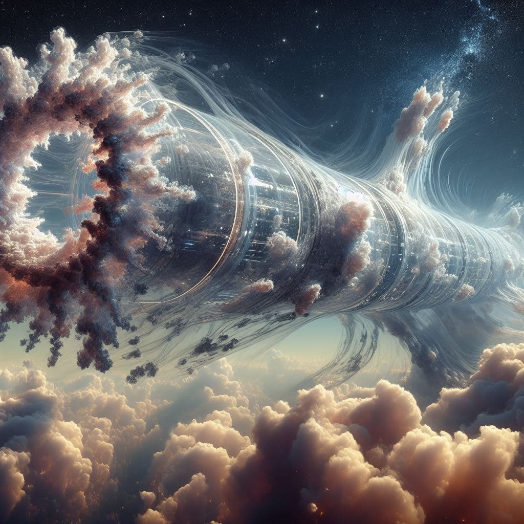 AI generated: Foglike transparent vision of a tubular spaceship in the sky, coming from another universe, made of ...