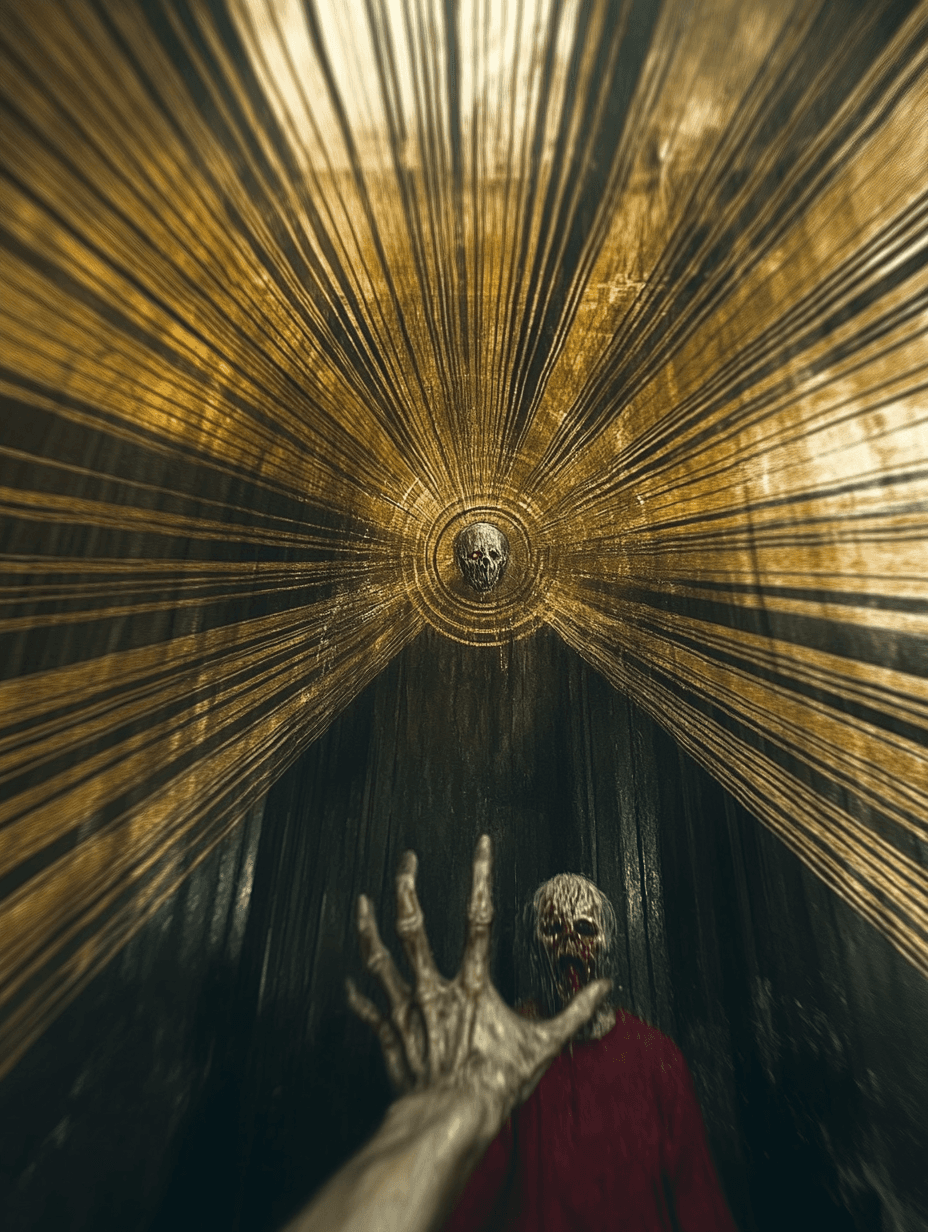 AI generated: eyes and an unnerving, distorted grin. The background is pitch black with faint, ominous golden line...