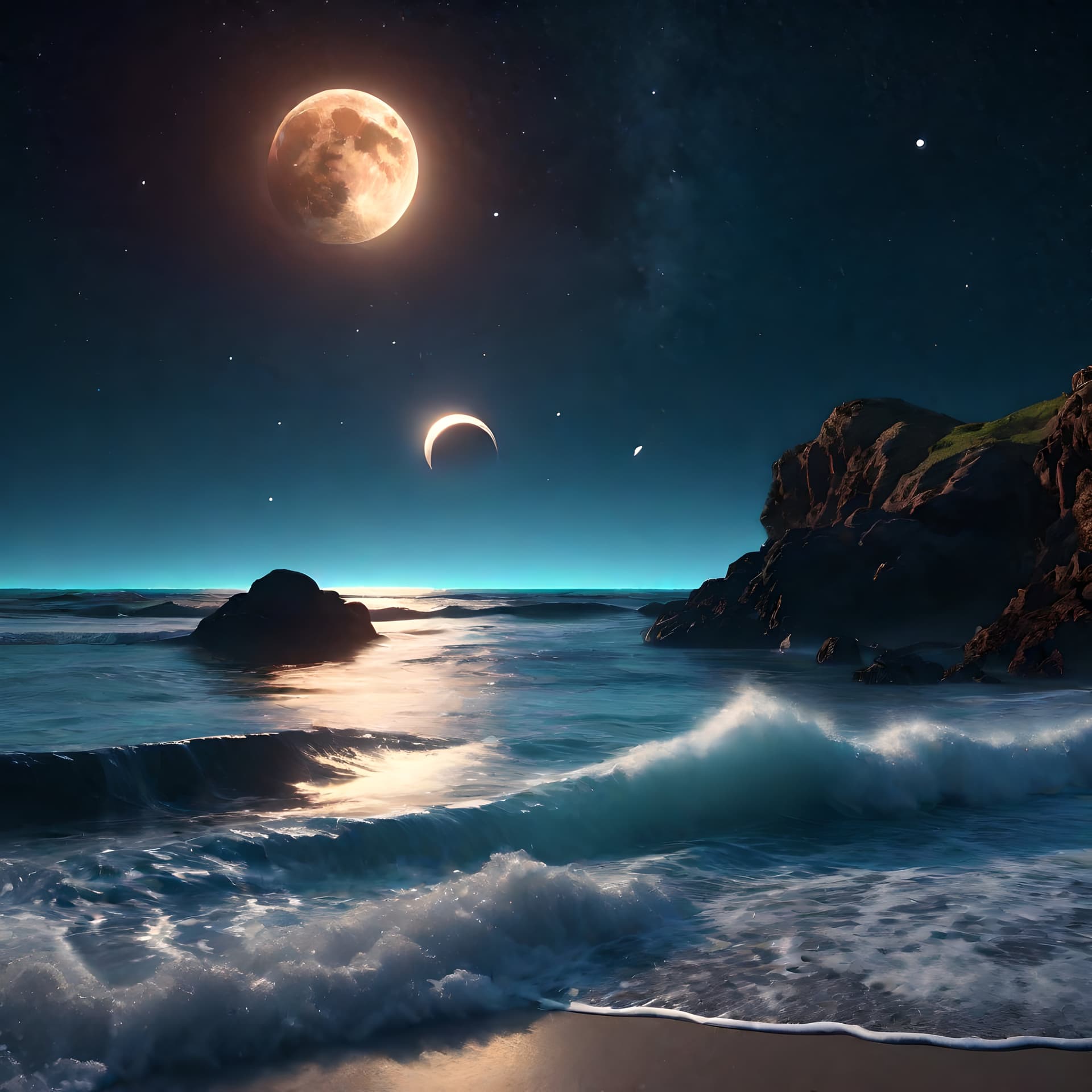 AI generated: A beautiful shot of the ocean waves rolling along the shoreline as two large alien moons rise in the...