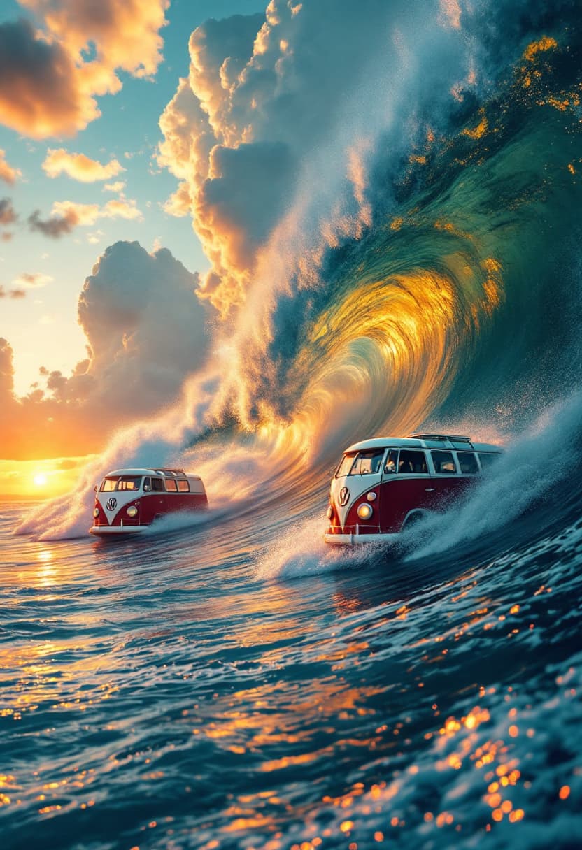 AI generated: Classic Vw buses surfing down large tall cresting waves during sunset at a golden beach. The sky is ...