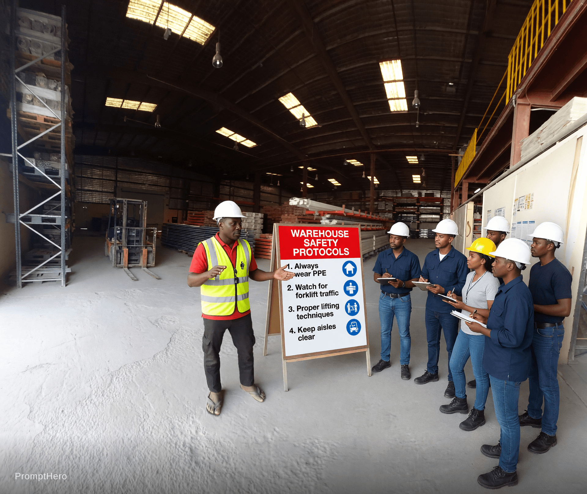 AI generated: A safety officer training staffs in the warehouse about safety 