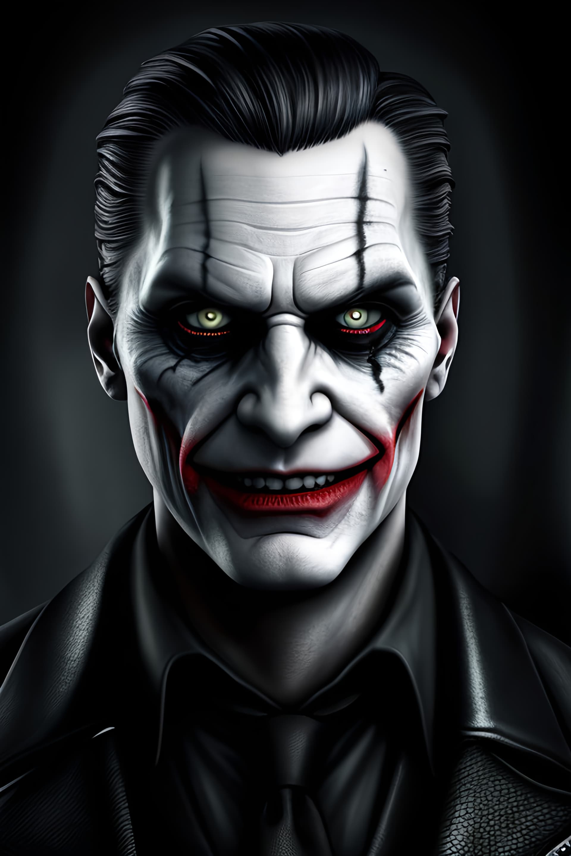 AI generated: Close up detailed portrait of The Joker, with Chalk-white skin, cracked smeared, and runny layer of ...