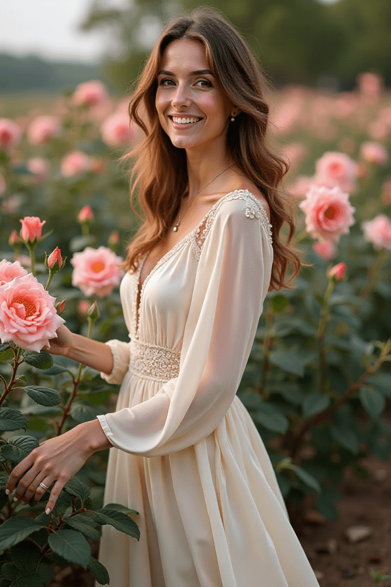 AI generated:  In the tranquil embrace of nature, a woman stands amidst a field of blooming roses. Her creamy dres...