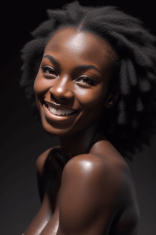 AI generated: dark background, dramatic light, backlight, rim lighting, wonderful woman black 20yo, hair snow whit...