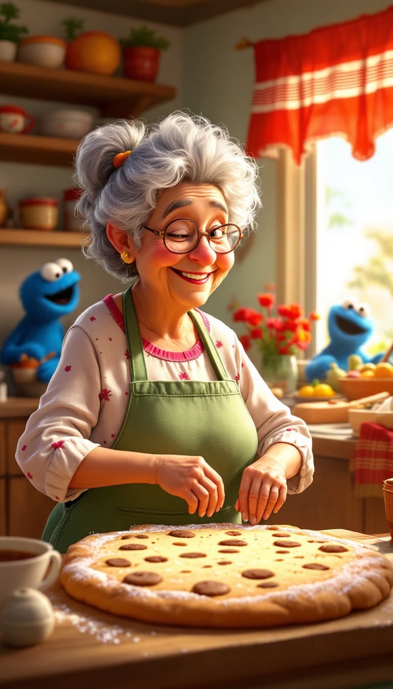 AI generated: charming scene of a loving grandma in her kitchen, shaping a giant cookie with a big smile, Pixar-in...