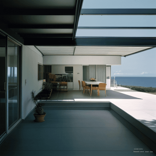 AI generated: Hyper realistic eye level exterior photo of a mid century modern style house overlooking the ocean, ...