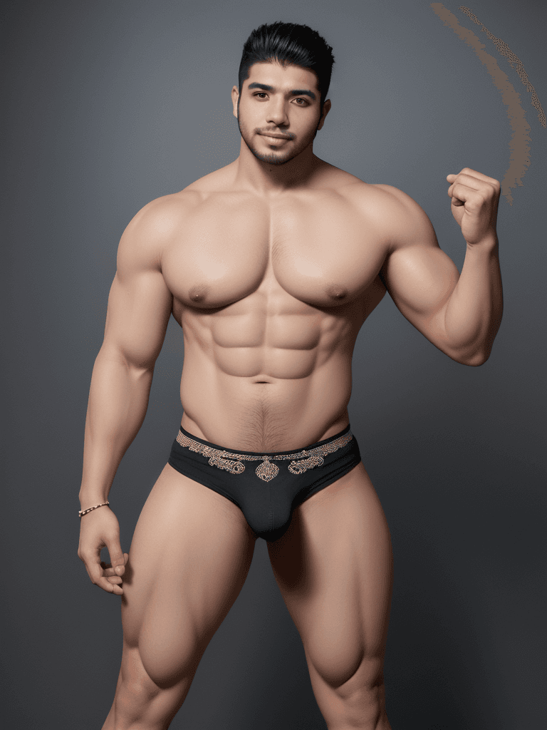 AI generated: hombre latino musculoso, en sus veintes, completamente sin ropa, foto de cuerpo entero que deja ver ...