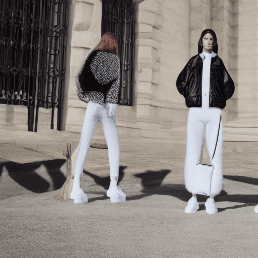 AI generated: Fashion shoot, Jacquemus and moncler collaboration: light white translucent fur sneakers, hyper-real...