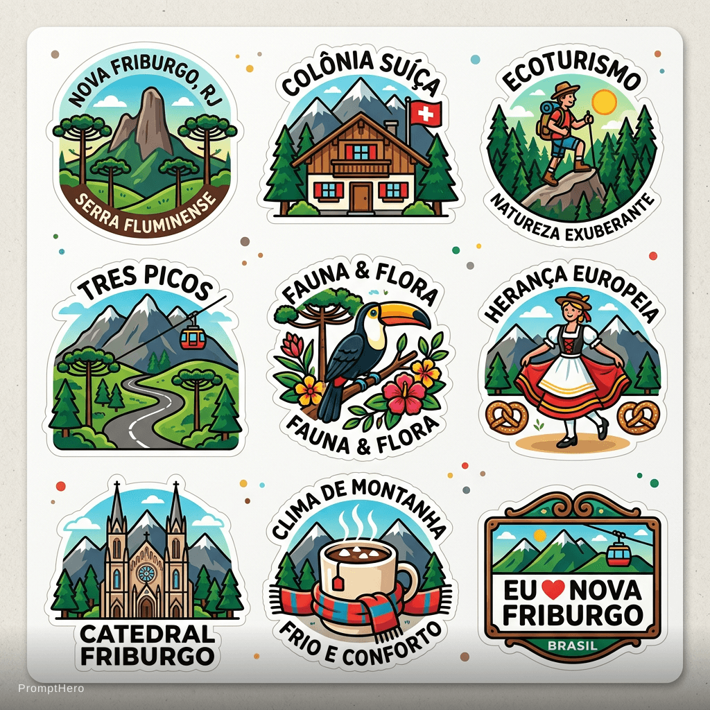 AI generated: Sticker ilustrado da cidade de Nova Friburgo, Rio de Janeiro, com montanhas da Serra Fluminense, nat...