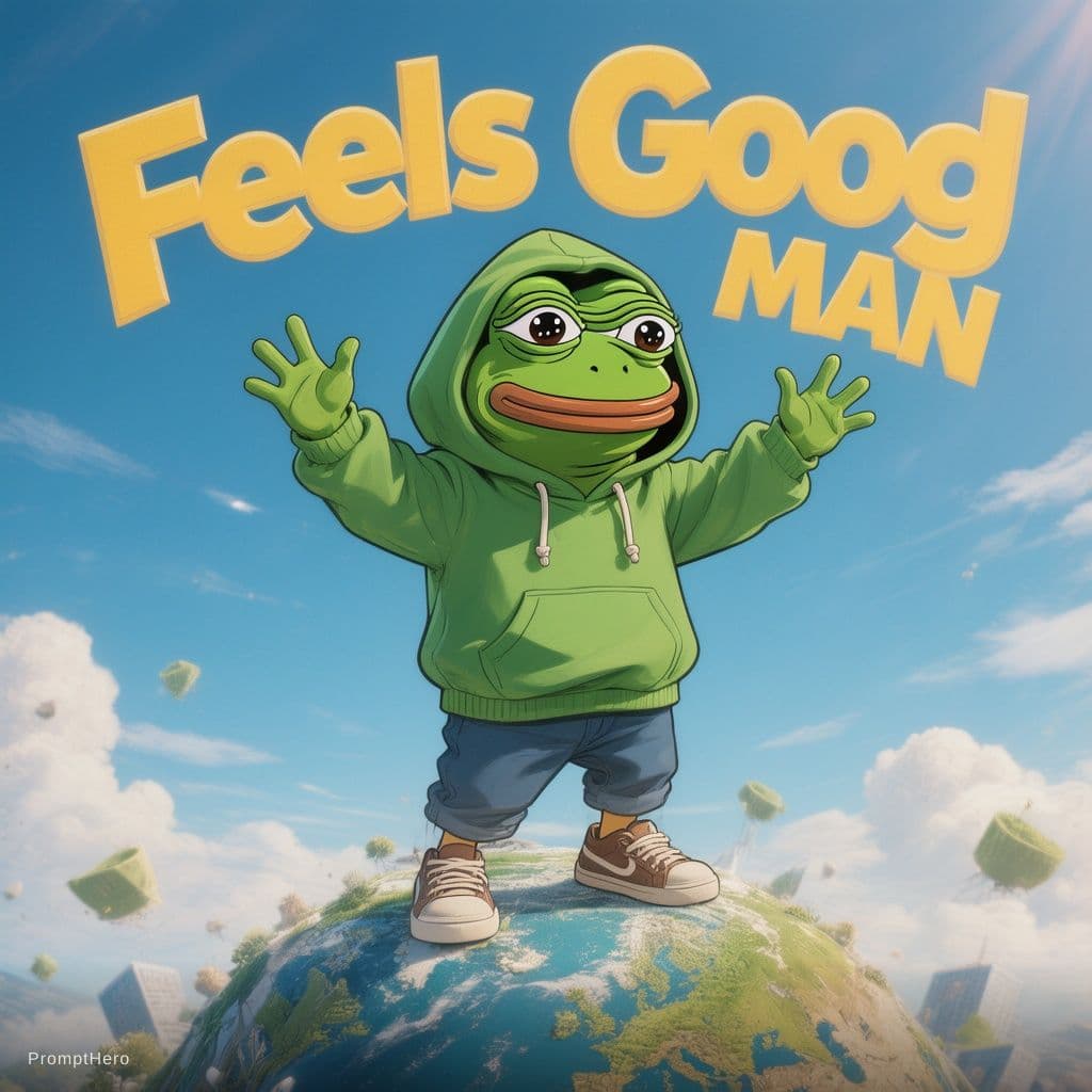 AI generated: Make me an an album cover of a cute anime pepe_frog in a green hoodie standing on top of the world w...