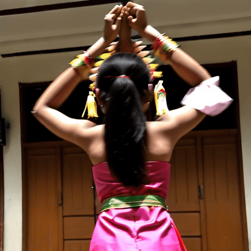 AI generated: A malay girl in tradional dress dancing a guy at her back, the guy holding the girl wrist up in the ...
