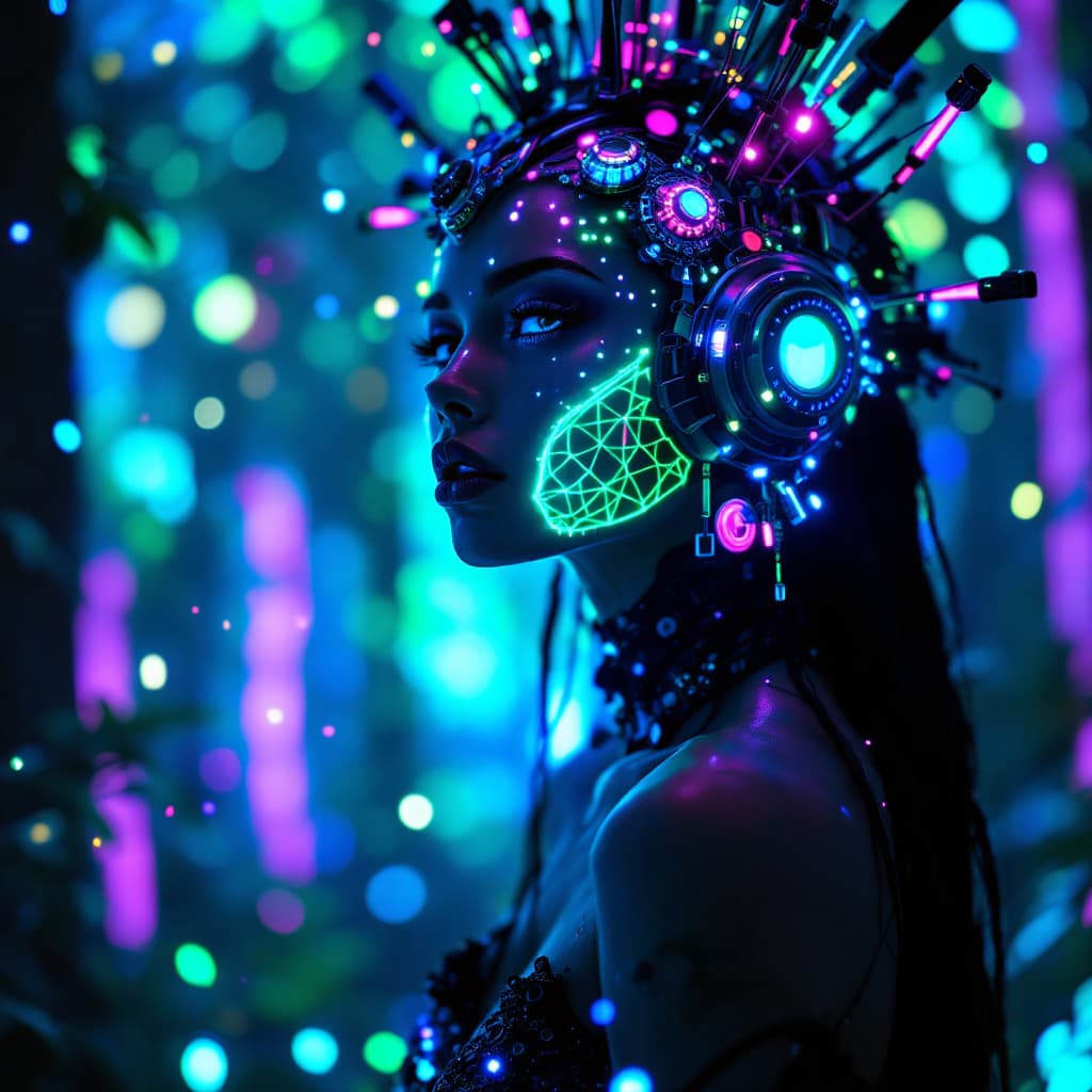 AI generated: long-shot, full body portrait of woman ::10 lucid weirdcore cybercore, looking off in distance ::6 s...