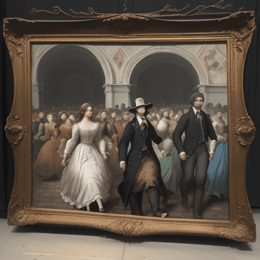 AI generated: an oil painting on canvas of a 1800s latin croud walking in the same direction, colorful tones high ...