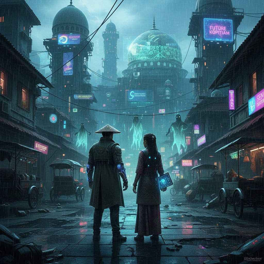 AI generated: Cyberpunk malay world with ghost town with a man and woman