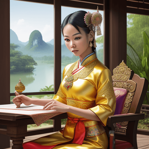 AI generated: A realistic digital artwork depicting a Thai woman, wearing a traditional dress. She is sitting on a...