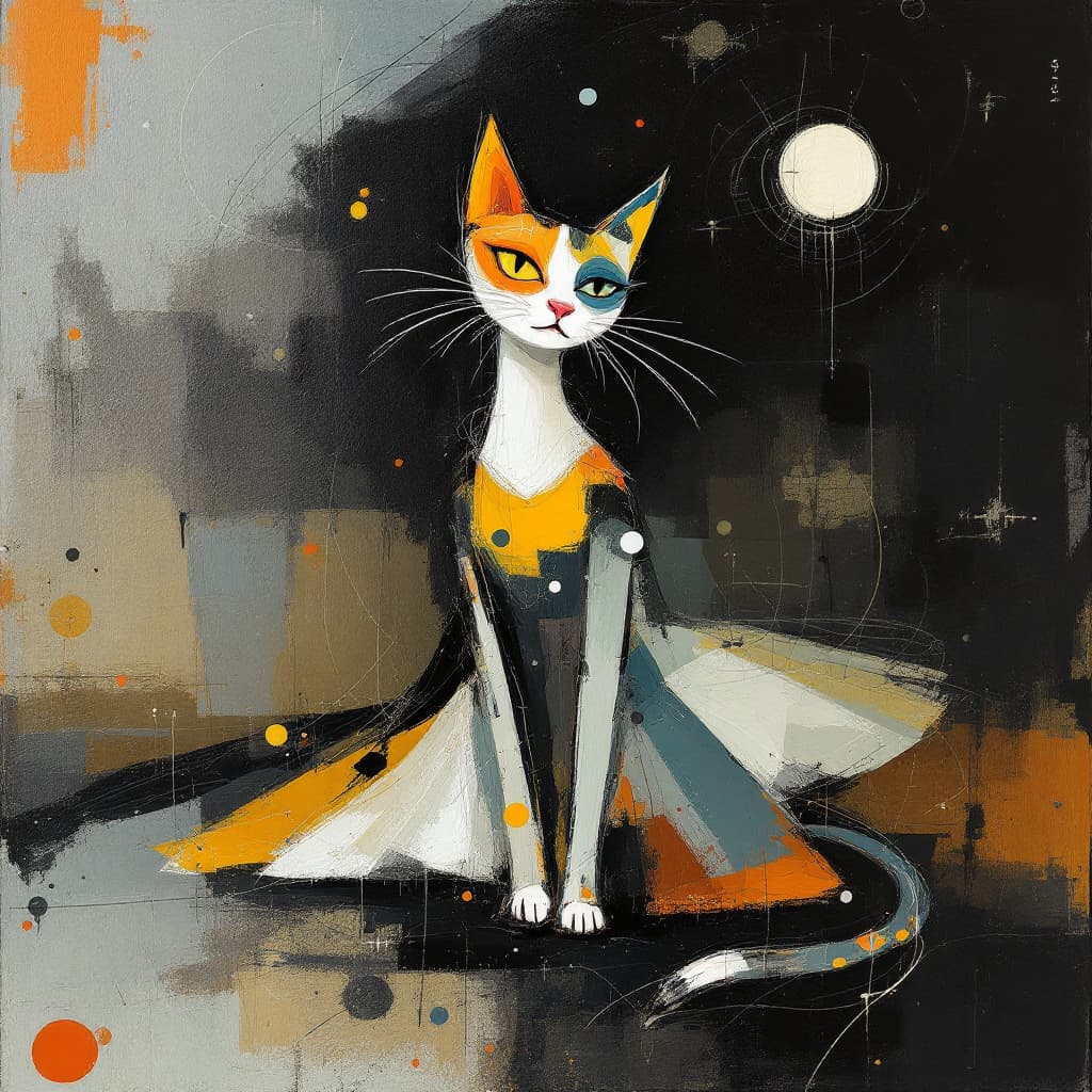 AI generated: abstract painting of a cat wearing a dress, in the style of Miro, graceful movements, disintegrated ...