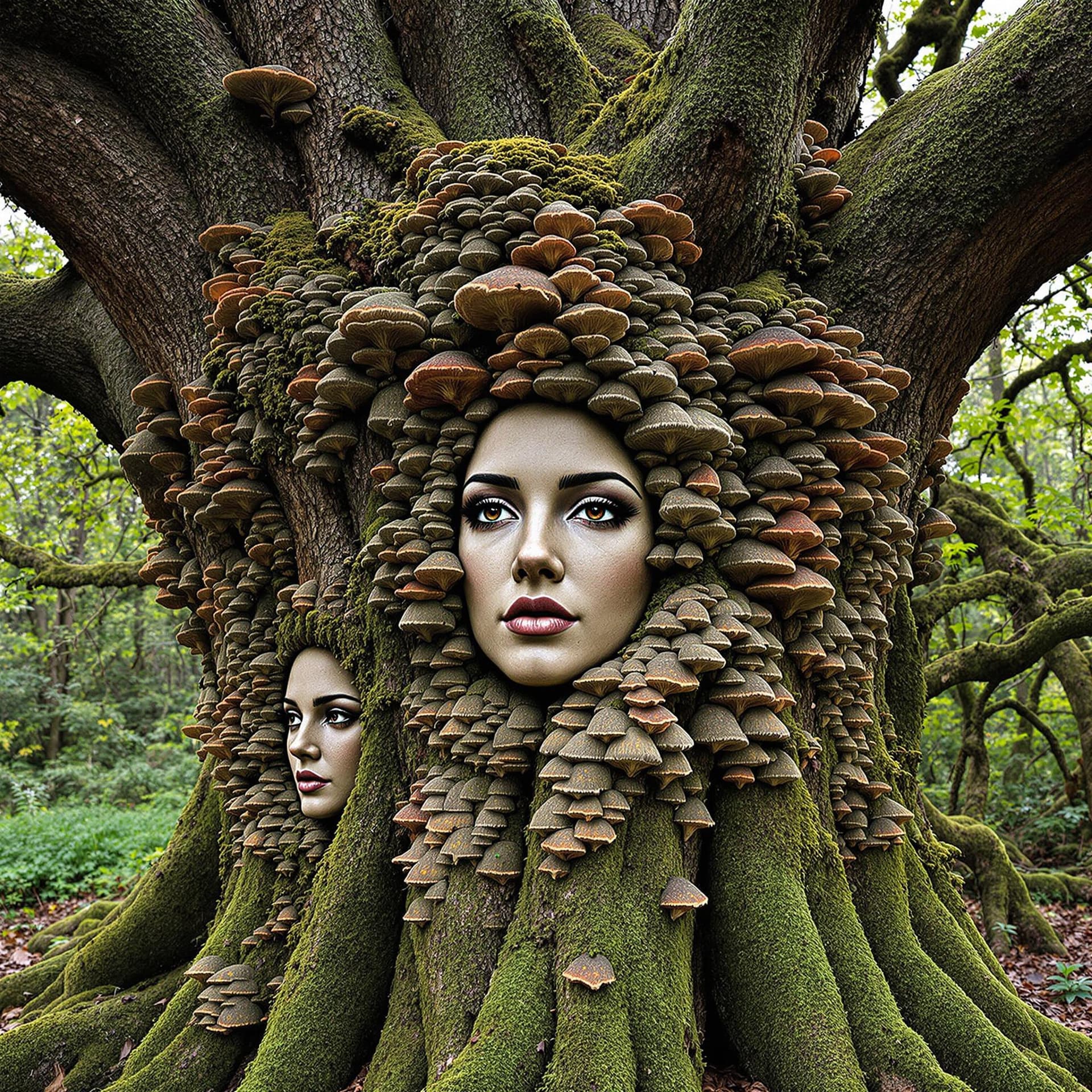 AI generated: The image features a tree with a woman's face carved into it. The tree trunk has a woman's face on o...