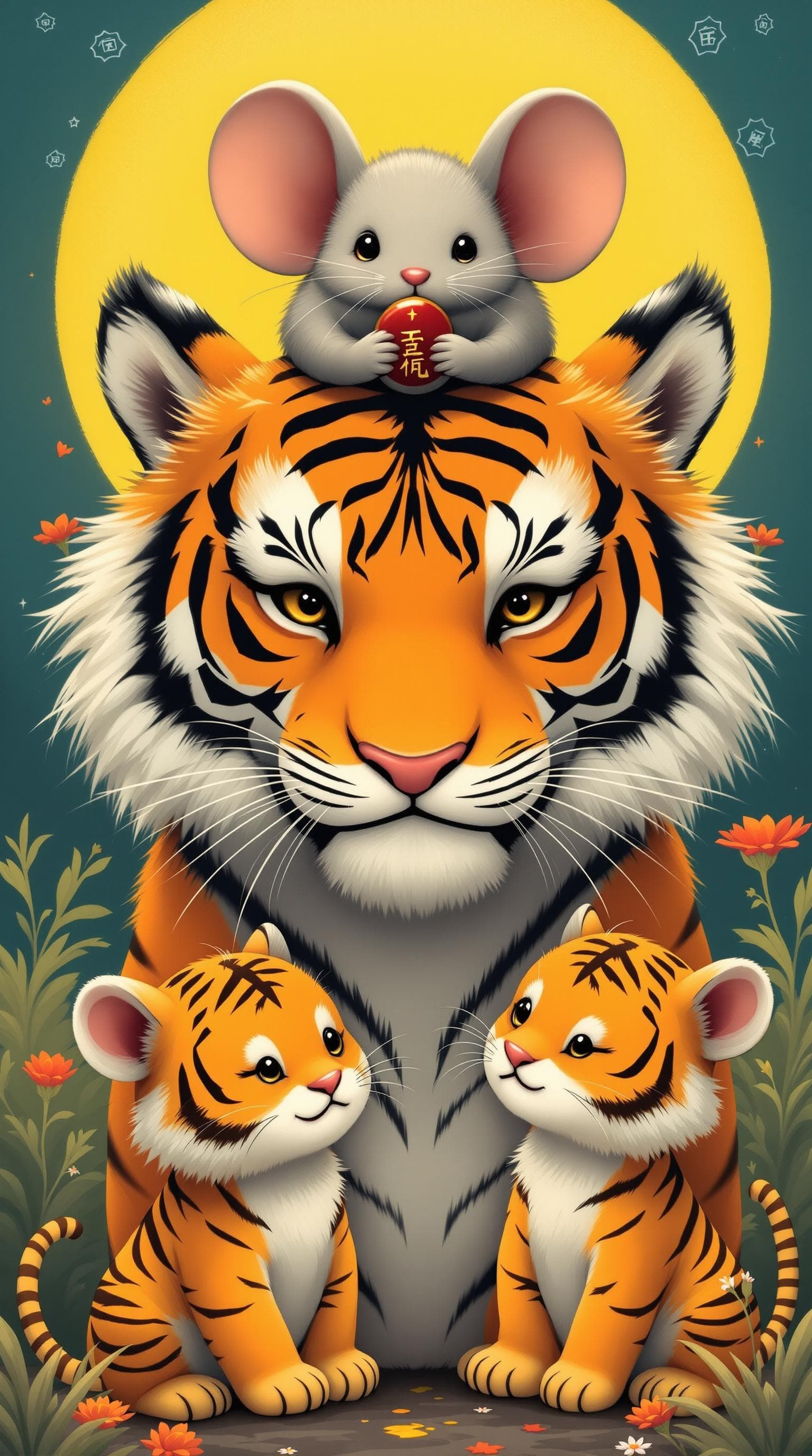 AI generated: kawaii art,a tiger and two tiger cubs, and a oversized mouse ,with a mouse on the tiger's head, the ...