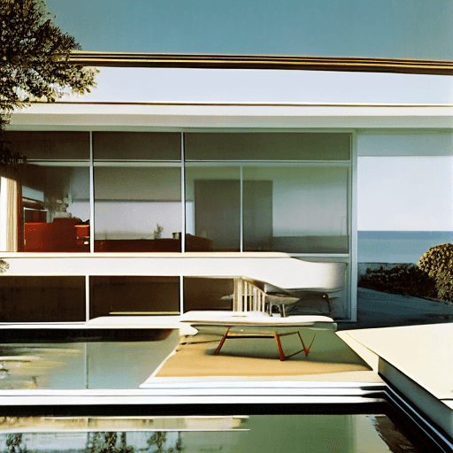 AI generated: Hyper realistic eye level exterior photo of a mid century modern style house overlooking the ocean, ...