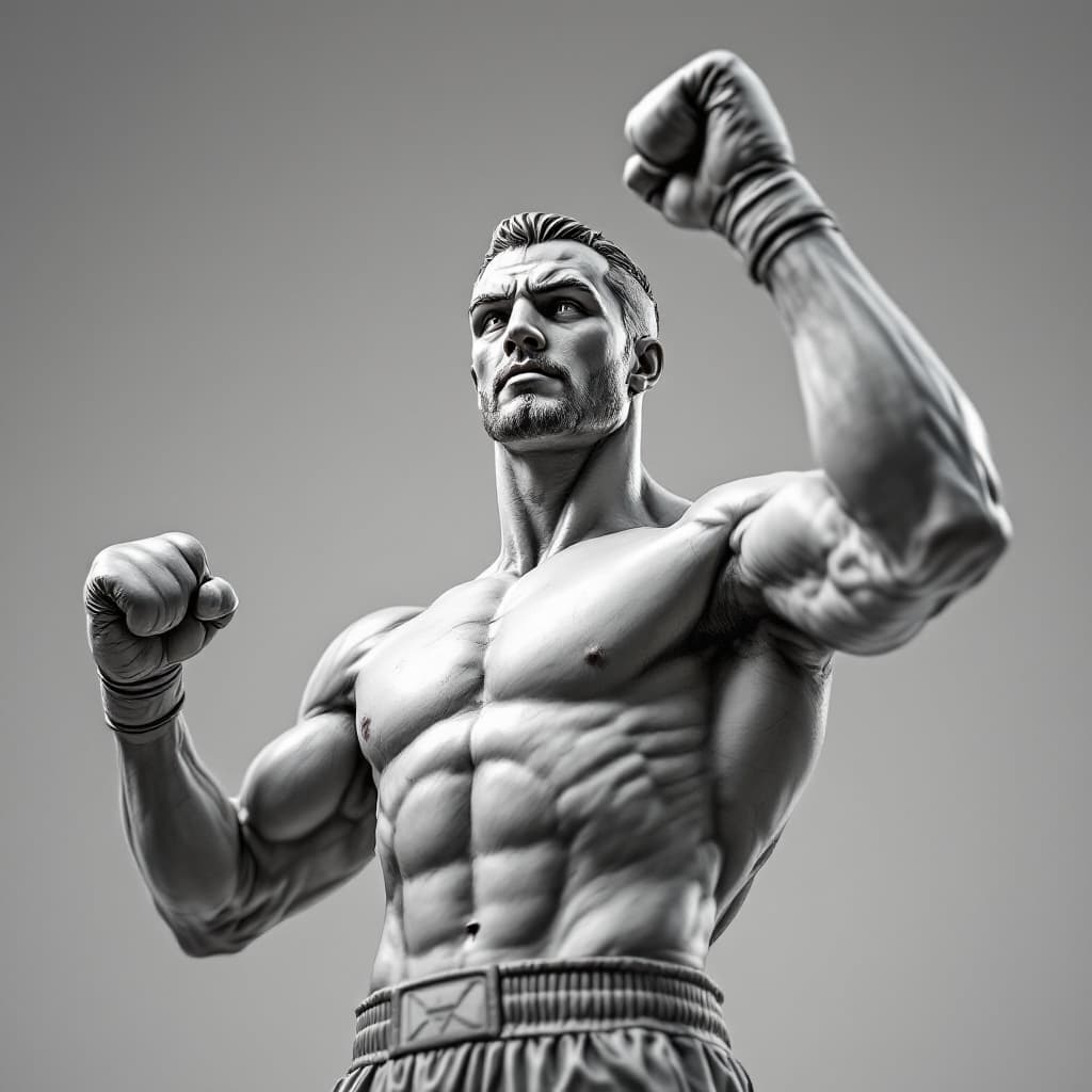 AI generated: A statue of a boxer, fists raised, his chest and biceps flexed.