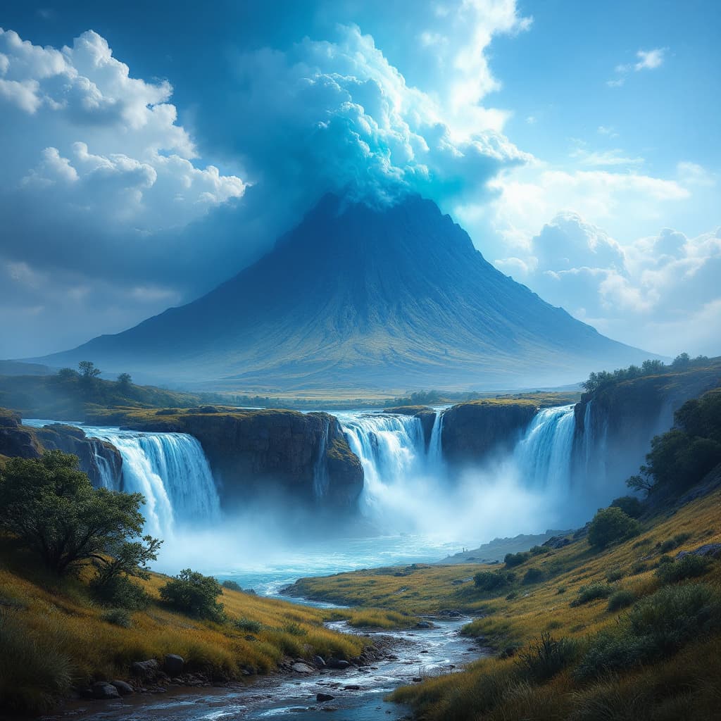 AI generated: toro grande, sudoroso, agresivo grandes cachos en medio de una pradera,contrapicado, tonos azules
