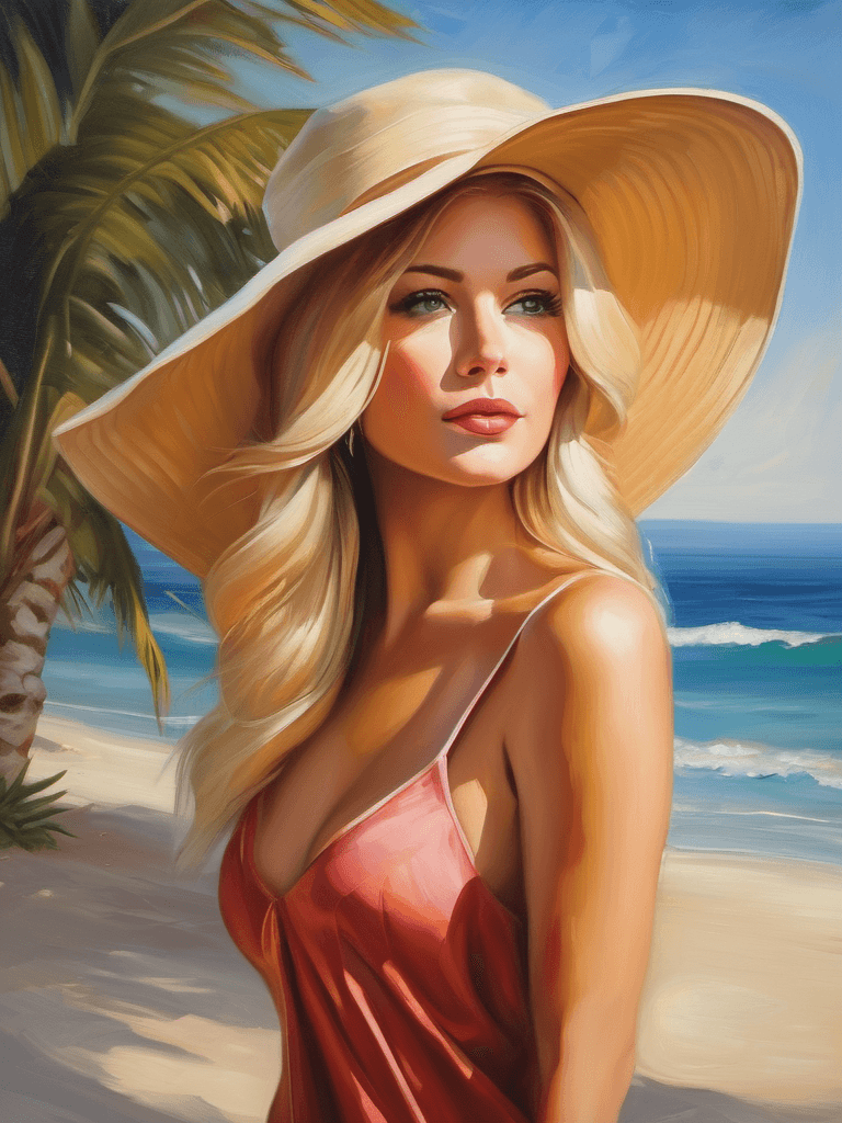 AI generated: Oil painting, half body shot, beautiful blonde woman at beach, hat, intricate background