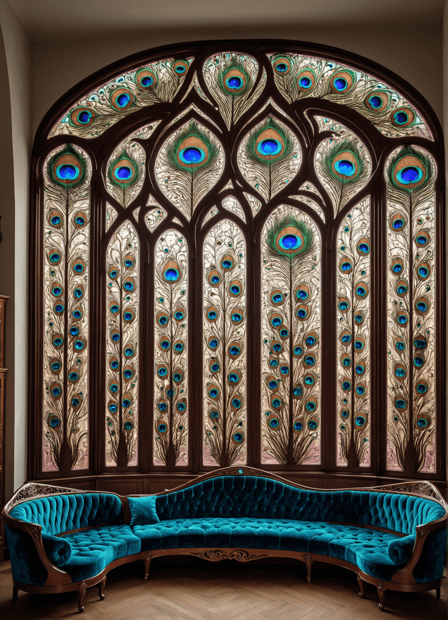 AI generated: <lora:Peacock_World_Morph_XL:1> art nouveau interior with stained glass peacock windows, velvet furn...