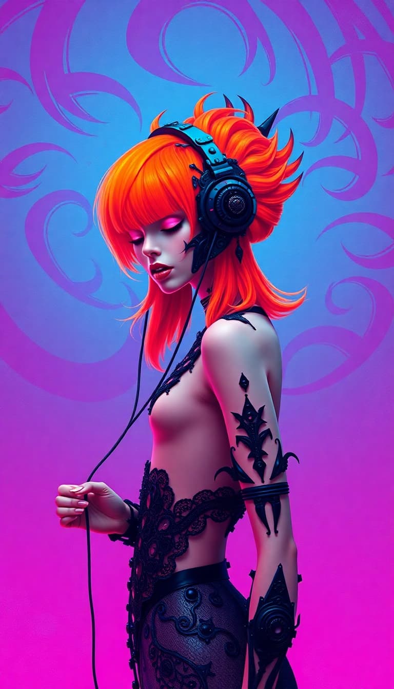 AI generated: "Techno-Shamaness in Electric Bloom": A figure with ornate, cybernetic features and a vibrant, neon ...