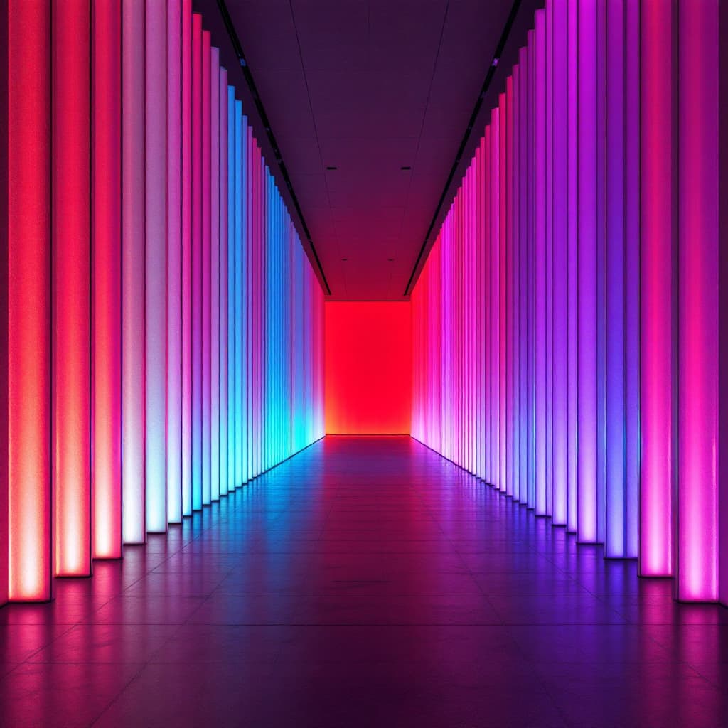 AI generated: architectural photography, perspective, interior, vertical light panels transition from red to acid ...