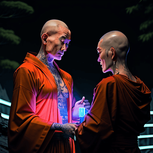 AI generated: old buddhist monk master teaches a 26 year old cyberpunk buddhist with tattooed black hair, on a mou...
