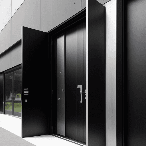 AI generated: Modernist building, black acm cladding, entry doors lamborghini butterfly doors, 