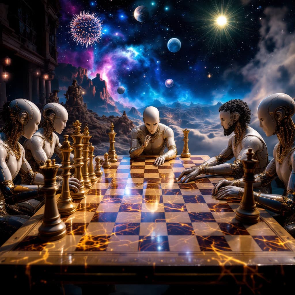 AI generated:  A hyper-realistic  scene: ,gods playing chess ,on a  game board featuring the universe. The pieces ...